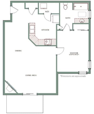 A floor plan of a house with a living area, dining area, kitchen, and bathroom.