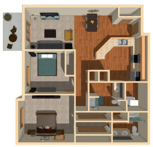 A 3D rendered image of a house layout.