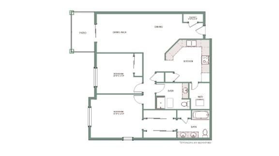 A floor plan of a house with a kitchen, dining area, and living room.