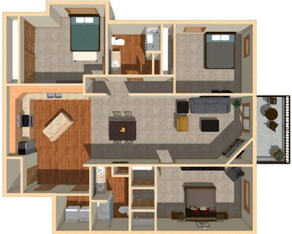 A 3D floor plan of a house with multiple rooms and furniture.