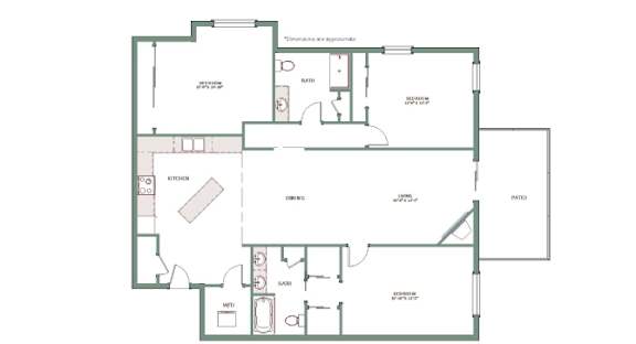A floor plan of a house with a living room, dining room, kitchen, and two bedrooms.