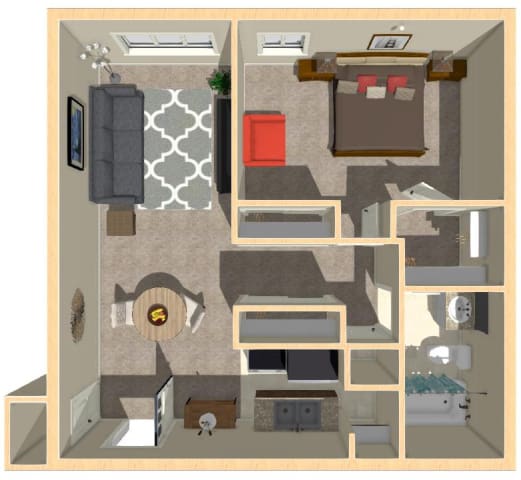 A 3D rendered image of a house layout.