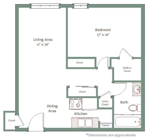 A floor plan of a small apartment with a living area, dining area, kitchen, pantry, and bedroom.