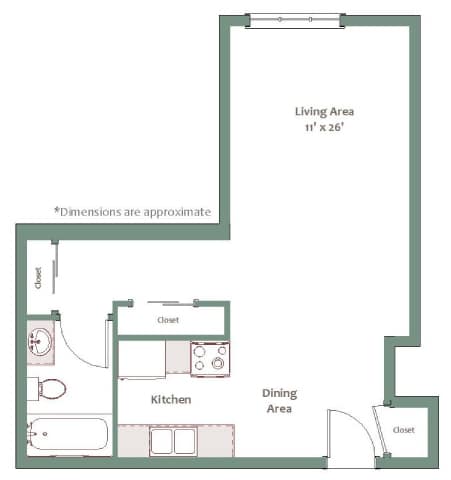 A floor plan of a small apartment with a kitchen, dining area, and living area.