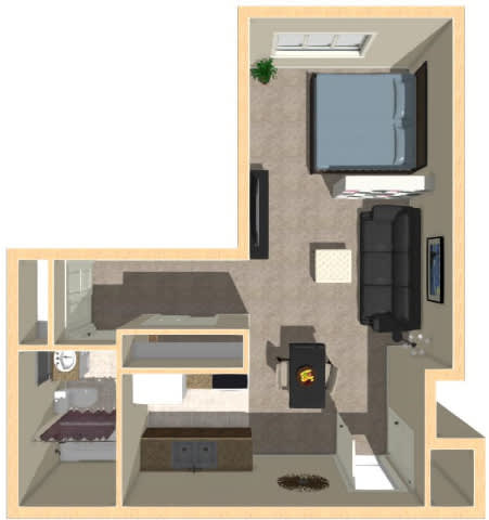 A drawing of a house with a kitchen, living room, and bedrooms.
