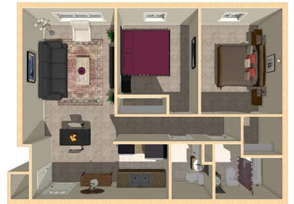 A 3D rendered image of a house layout.