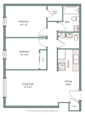 A floor plan of a small apartment with two bedrooms, a living area, a dining area, a kitchen, and a bathroom.