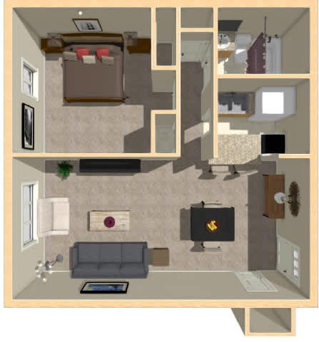 A 3D rendered image of a house layout.