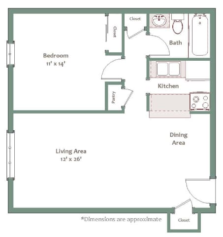A floor plan of a small apartment with a bedroom, kitchen, dining area, and living area.