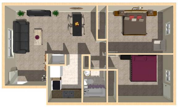 A 3D floor plan of a small apartment with a kitchen, living room, and bedroom.