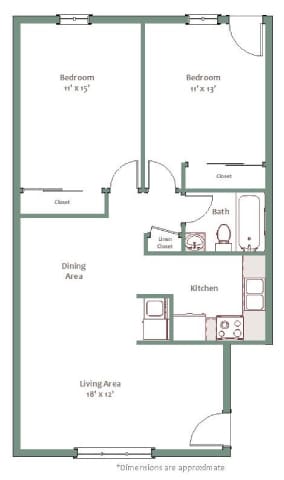 A floor plan of a house with two bedrooms, a dining area, a kitchen, a living area, and a bathroom.
