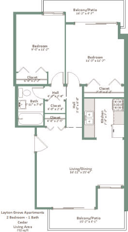 A floor plan of apartment layout with two bedrooms, a living area, and a balcony.