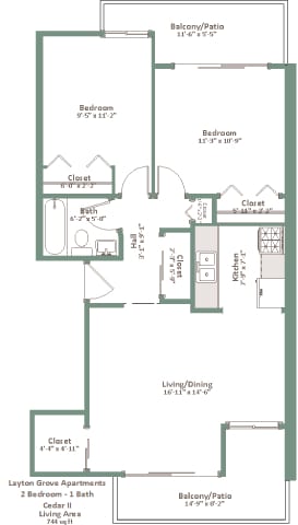 A floor plan of an apartment layout with two bedrooms, a living room, a dining room, a kitchen, and a balcony.