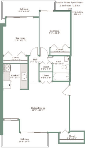 A floor plan of a two bedroom apartment with a living room and balcony.