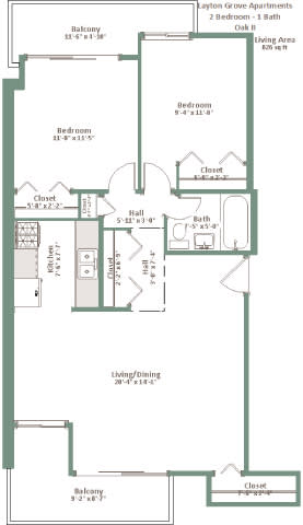 A floor plan of apartment layout with a living area, two bedrooms, a bathroom, and a kitchen.