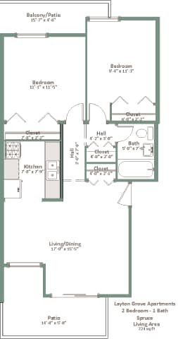 A floor plan of an apartment with a living area, two bedrooms, a kitchen, and a bathroom.