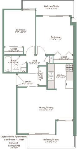 A floor plan of an apartment with two bedrooms, a living room, a kitchen, a bathroom, a cloakroom, and a balcony.