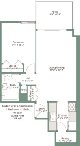 A floor plan of a one bedroom apartment with a bathroom and living area.