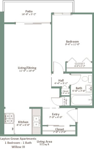 A floor plan of a small apartment with a living area, kitchen, bath, and bedroom.
