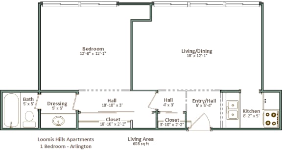 A floor plan of a one bedroom apartment in Loomis Hills, showing the layout of the rooms.
