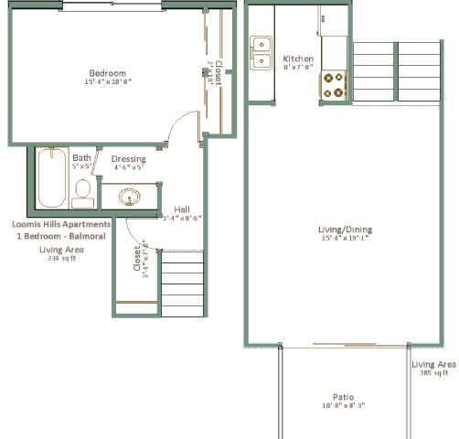A floor plan of a one bedroom apartment in Loomis Hills Apartments.