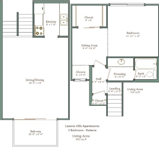 A floor plan of a one bedroom apartment in Loomis Hills Apartments.