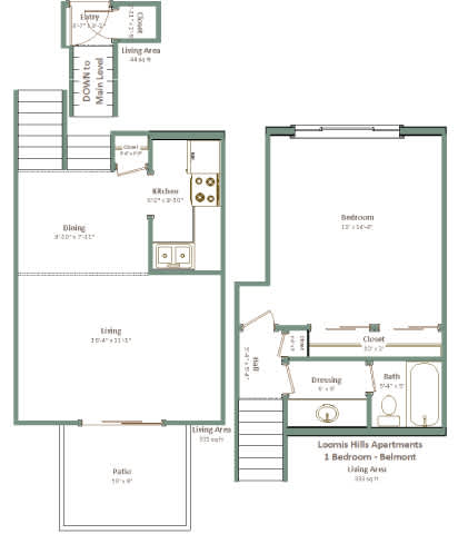 A floor plan of a one bedroom apartment with a living area, dining area, kitchen, bathroom, and lobby.