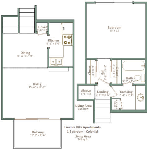A floor plan of a one bedroom colonial apartment with a living area of 32 sq ft and a balcony.