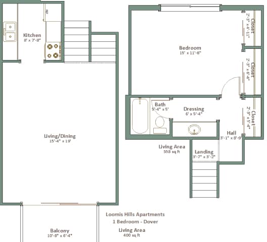 A floor plan of a one bedroom apartment in Loomis Hills Apartments.
