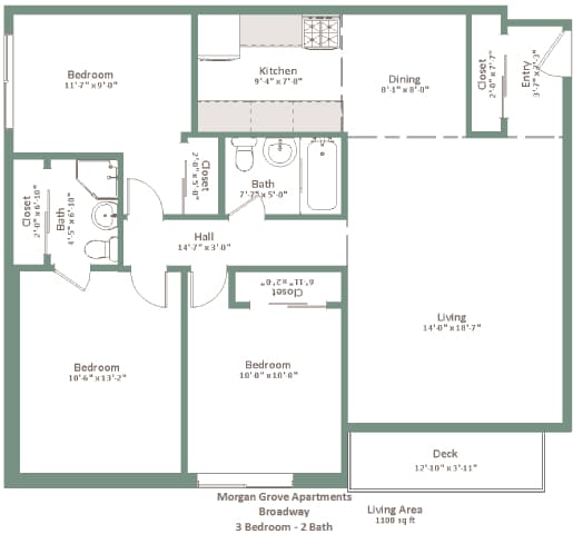 A floor plan of an apartment with three bedrooms, two bathrooms, a living area, and a deck.