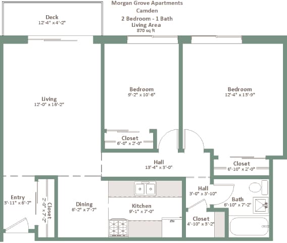A floor plan of a Morgan Grove Apartments Camden apartment with a deck and two bedrooms.