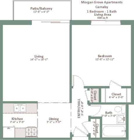 A floor plan of a Morgan Grove Apartments Carnaby apartment showing a living area, kitchen, dining area, bedroom, and bathroom.