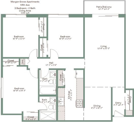 A floor plan of a 3 bedroom, 2 bathroom apartment at Morgan Grove Apartments.