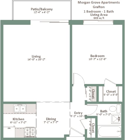 A floor plan for a one bedroom apartment at Morgan Grove Apartments in Grafton.