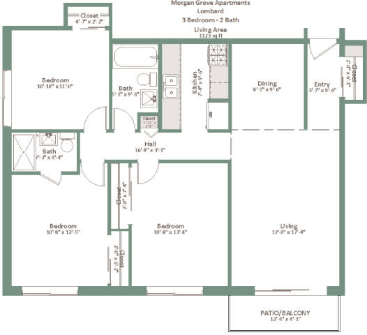 A floor plan of the Mongan Grove Apartments showing the layout of the rooms.