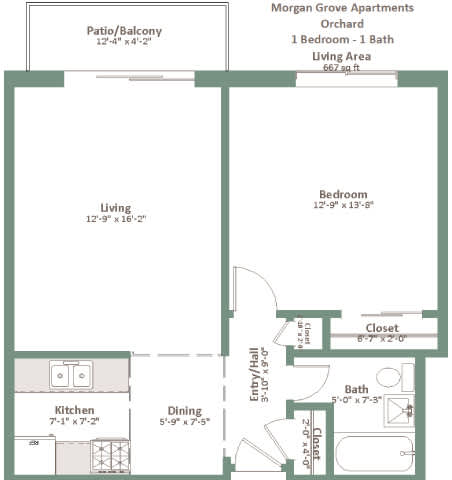 A floor plan of a one bedroom apartment with a living area, kitchen, dining area, bathroom, and closet.