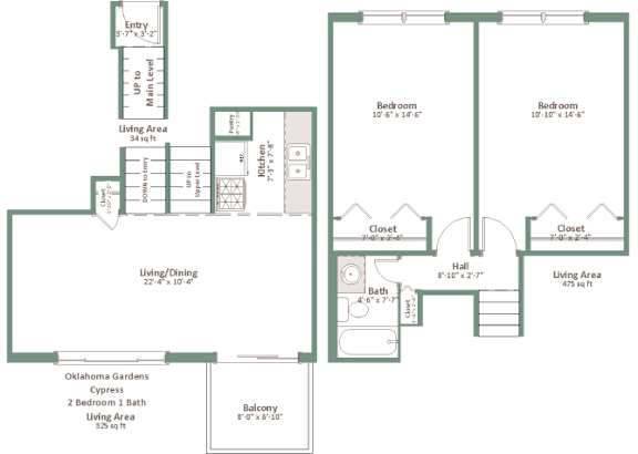 A floor plan of a house with two bedrooms, a living area, a kitchen, a bathroom, a balcony, and an Oklahoma Garden Cypress.