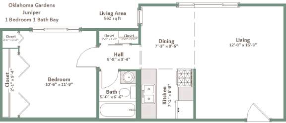 A floor plan of a house layout for Oklahoma Gardens Juniper.