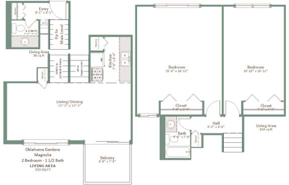 A floor plan of a house with two bedrooms, a living area, a bathroom, and a balcony.