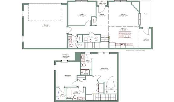A floor plan of a house with two bedrooms and a living room.