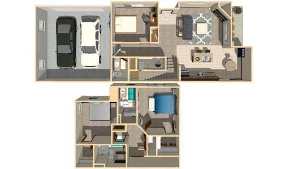 A floor plan of a house with a garage and a separate bedroom.