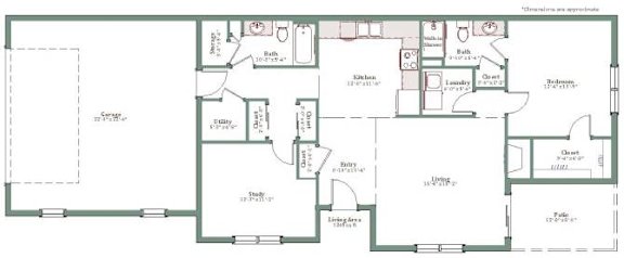 A floor plan of a house with labeled rooms such as "Kitchen" and "Bathroom.".