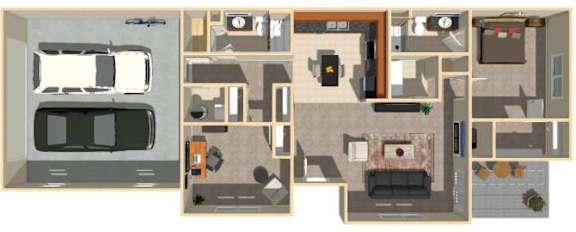 A floor plan of a two-bedroom apartment with a garage.