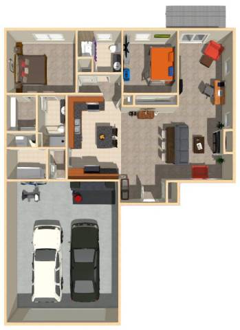 A floor plan of a house with a garage and a kitchen.