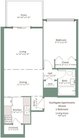 A floor plan of an apartment with a living area, kitchen, dining area, bedroom, bathroom, and closet.