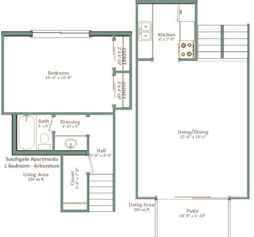 A floor plan of an apartment with a living area, kitchen, bathroom, and bedroom.