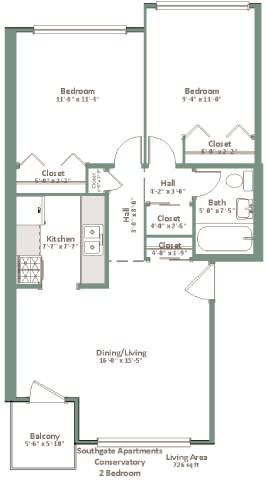 A floor plan of a house with two bedrooms, a living area, a dining/living room, a kitchen, a bathroom, and a balcony.