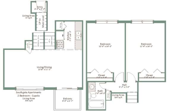 A floor plan of an apartment complex with two bedrooms, a living area, a dining area, and a bathroom.