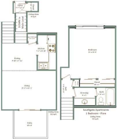 A floor plan of an apartment with a living area, kitchen, dining area, and bathroom.