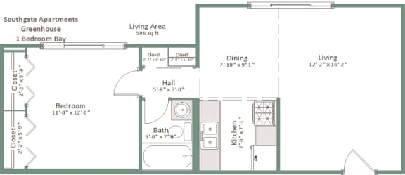 A floor plan of a one bedroom apartment in Southgate Apartments, Greenhouse.